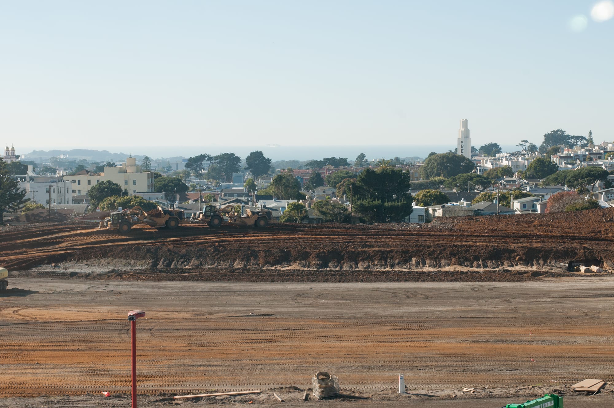 Construction vehicles, circling through the area of the Balboa reservoir housing project on Jan. 13, 2026, at Ocean Campus.