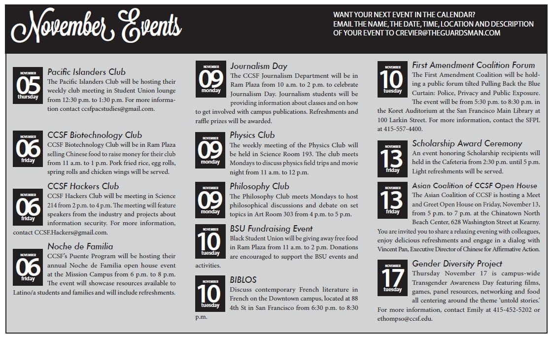 NOV. 4 – NOV. 17, 2015 CALENDAR