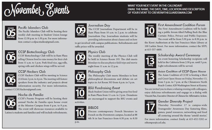 NOV. 4 – NOV. 17, 2015 CALENDAR