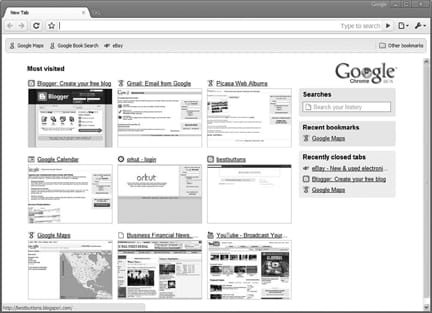 The start page for Google Chrome doesn’t start blank but includes your most visited Web sites, recent bookmarks and recently closed tabs. The grid format is similar to Opera’s speed dial feature. IMAGE COURTESY OF GOOGLE