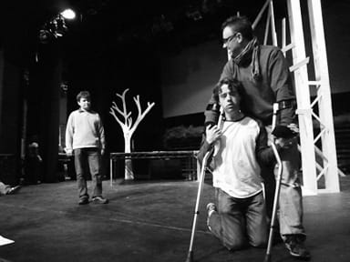(L-R) Igor Ovchinnikov as Sir Robert Brakenbury, speaks to Dewane Spalding, as Richard III, who is standing with Brian Martin, as the   Duke of Clarence, at a Feb. 15 rehearsal for the upcoming City College theater department production of Shakespeare's Richard III. PHOTO COURTESY OF JESSE BLANCA