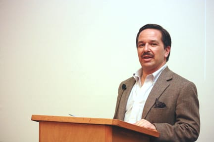 Mike Madrid, author of ‘The Supergirls,’ discusses the history of the comic book heroine at Conlan Hall on Feb. 19. JESSICA LUTHI / THE GUARDSMAN