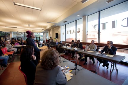 Sonja Holman speaks from the podium to (L-R) trustees Steve Ngo, Chris Jackson, Josh Nielsen and John Rizzo during an Ocean campus student equity meeting on Feb. 9. JOSEPH PHILLIPS / THE GUARDSMAN