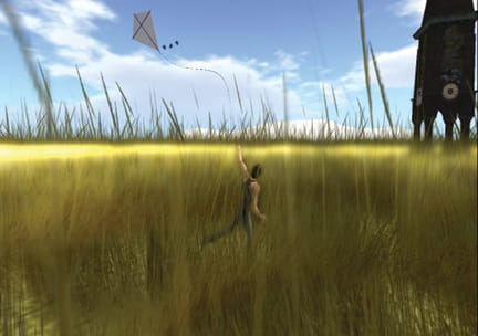 Second Life resident Caitsu Manga flies a kite in th fields outside of Zero Style Hair. Second Life is a virtual world where users can create a persona all their own while interacting with other players. JESSICA LUTHI / THE GUARDSMAN