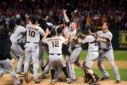 The San Francisco Giants rejoice after winning the World Series over the Texas Rangers, 3-1, at Rangers Ballpark in Arlington, Texas, on Monday, November 1, 2010. (Paul Kitagaki Jr./Sacramento Bee/MCT)