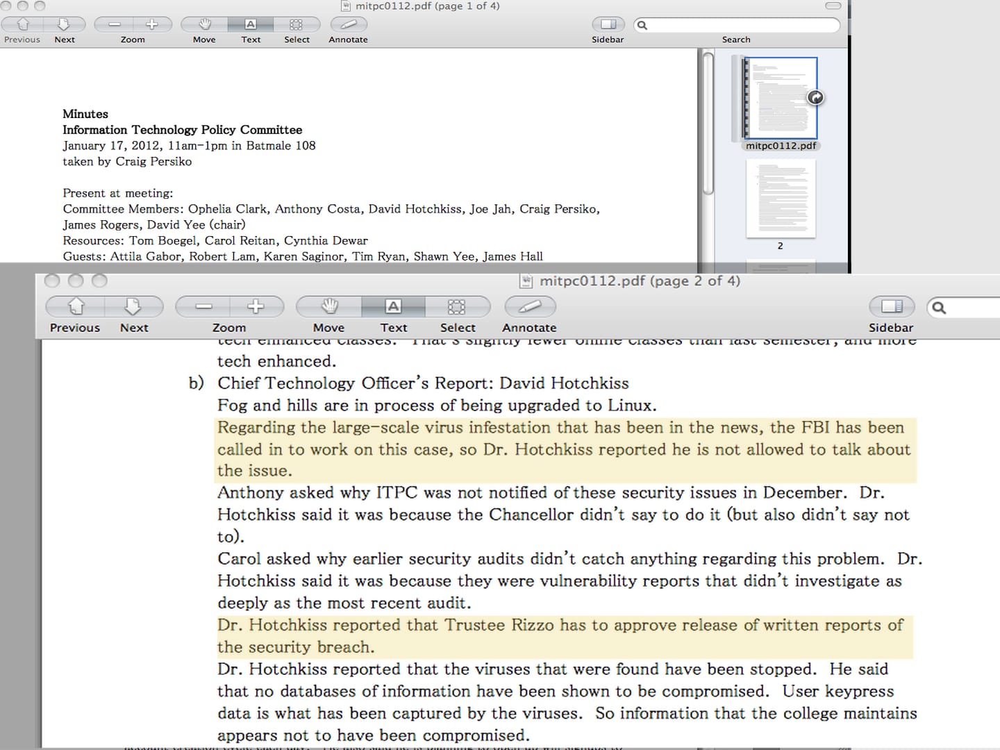 Hotchkiss refuses to release information at ITPC meeting.