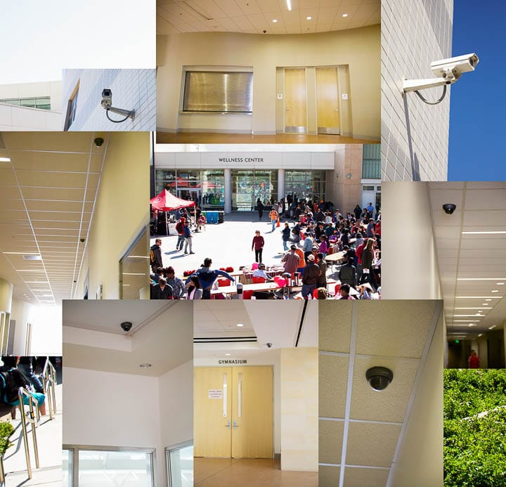 New security cameras can be seen throughout the Wellness center and the Library. Photos and illustration by Juan Pardo/The Guardsman.