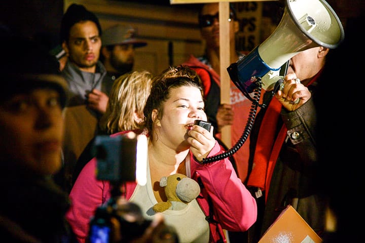 Selena, sister of Orlando Rodriguez, speaks to the crowd during the protest that took place outside the Mission Police Station Nov. 19. Juan Pardo/The Guardsman
