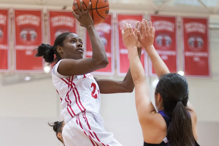 Rams’ sophomore guard Franeka Hall (20) takes a shot against the San Jose Jaguars in the first half of a CCCAA women’s basketball game, Jan. 17, 2014, on Ocean campus. Photo by Santiago Mejia/The Guardsman