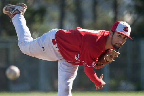 Rams sophomore pitcher Tyler Scharnow (26) throws a pitch during a baseball game on Thursday, Feb. 13, 2014, against Napa Valley College at Fairmont Field in Pacifica, Calif. Photo by Santiago Mejia/The Guardsman