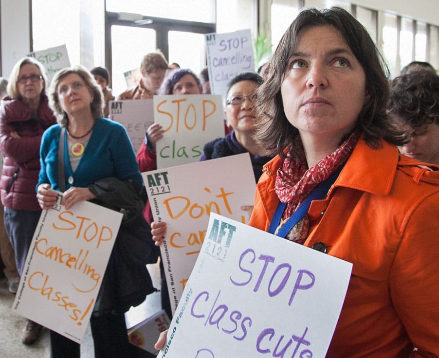 FILE - This Jan. 29, 2014, file photo, shows City College students, faculty and their supporters at Conlan Hall protesting class cancellations. Photo by Santiago Mejia/The Guardsman