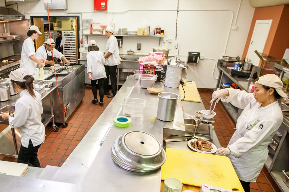 Culinary Arts and Hospitality Studies students prepare for the grand opening of the new Ocean campus restaurant Radius 99 on Wednesday, Aug. 27, 2014 at City College.  The menu features food procured from vendors no further than 100 miles from campus. (Photo by Nathaniel Y. Downes)