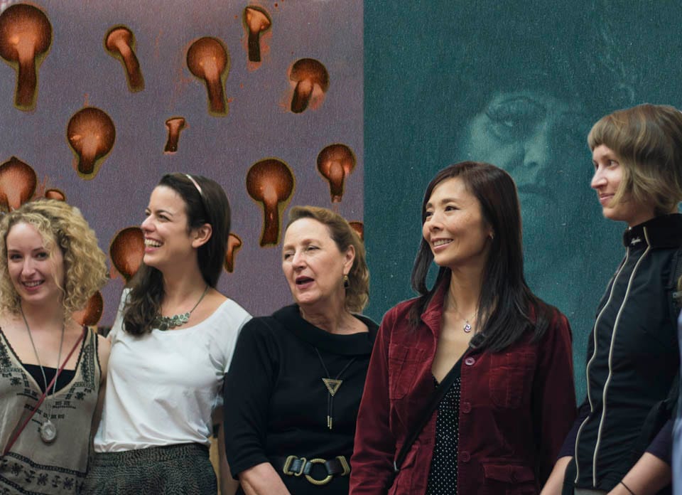 Amberly Vigil, Beatriz Escobar, Rese Cohen, Naomi Onaga and Haley Mannix, all contributors of Alternate Realities, a mixed media gallery installation, celebrate at the opening reception on Thursday, Sept. 11, at Modern Times Bookstore in San Francisco’s Mission District. Composite by Nathaniel Y. Downes contains reproductions of a lumen print by Beatriz Escobar (upper right), a cyanotype by Michael Walters (upper left) and a photograph by Niko Plagakis.