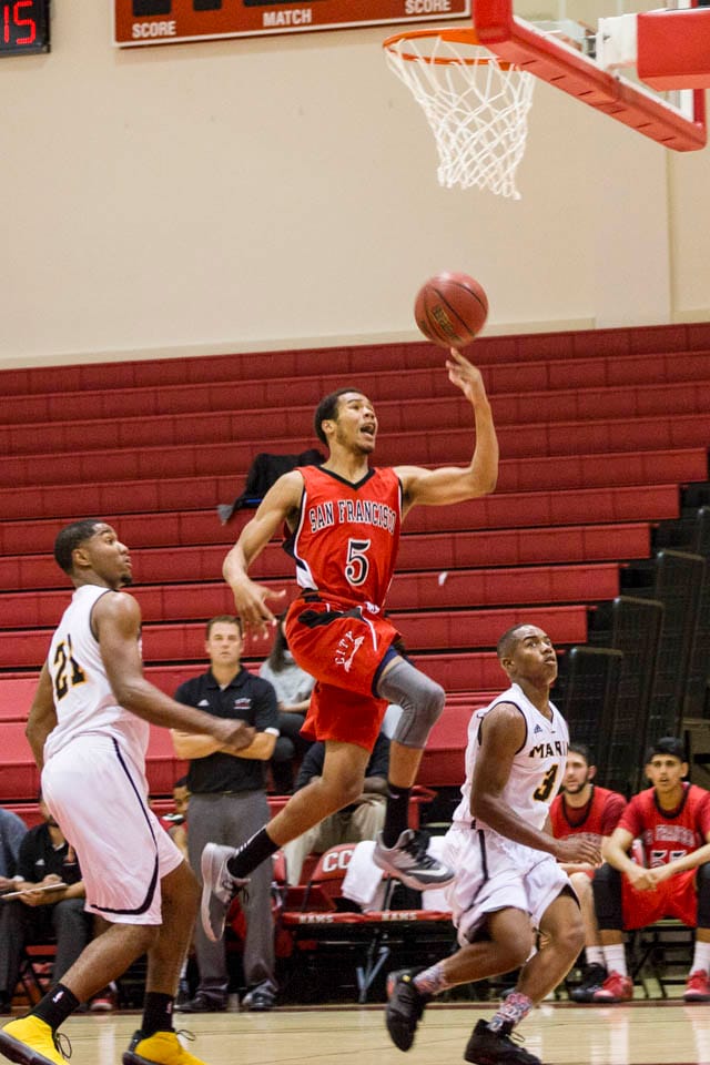 Jason Smith scores for the Rams during a preseason tournament against Napa Valley College on Nov. 7 at City College. (Photo by Elisa Parrino)