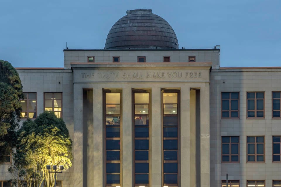 City College adopted the phrase, “The Truth Shall Make You Free” as the official college motto in 1948. The inscription is carved into the facade of Science Hall facing Phelan Avenue. (Nov. 12, 2014 Ocean Campus. (Photo by Nathaniel Y. Downes)