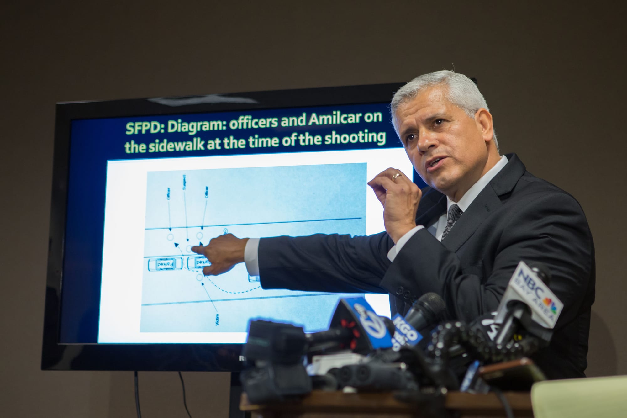 Arnaldo Casillas, Amilcar Perez-Lopez's attorney, showing crime scene and autopsy evidence at a news conference April 25, 2015 San Francisco, CA ( photo by Khaled Sayed)