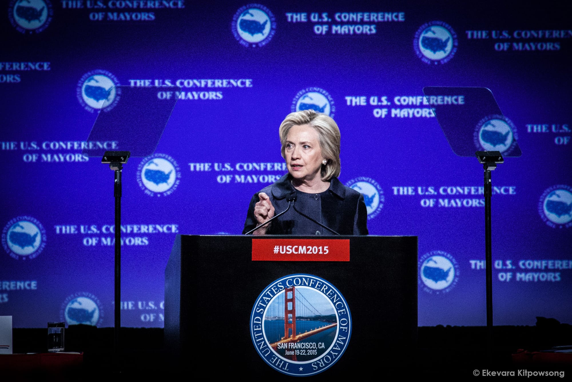 Democratic presidential candidate Hillary Clinton speaks at the U.S. Conference of Mayors in San Francisco on Saturday, June 20, 2015. (Photo by Ekevara Kitpowsong / The Guardsman) 