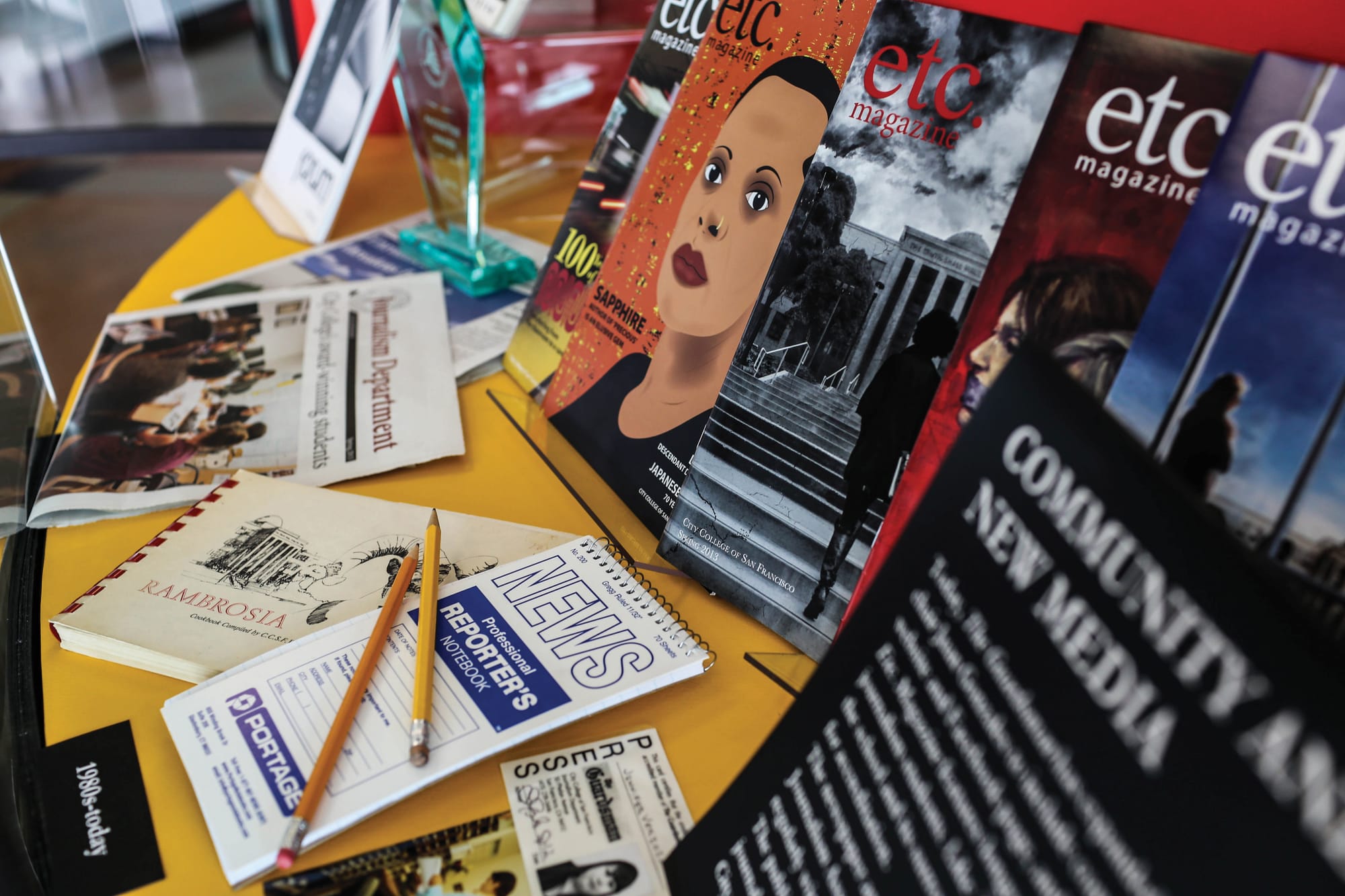 An exhibit celebrating 80 years of City College, curated by the CCSF Journalism Dept. and the CCSF Library Archives, is currently up on display in the City College Ocean Campus library, May 28, 2015. (Photo by Natasha Dangond/ TheGuardsman)