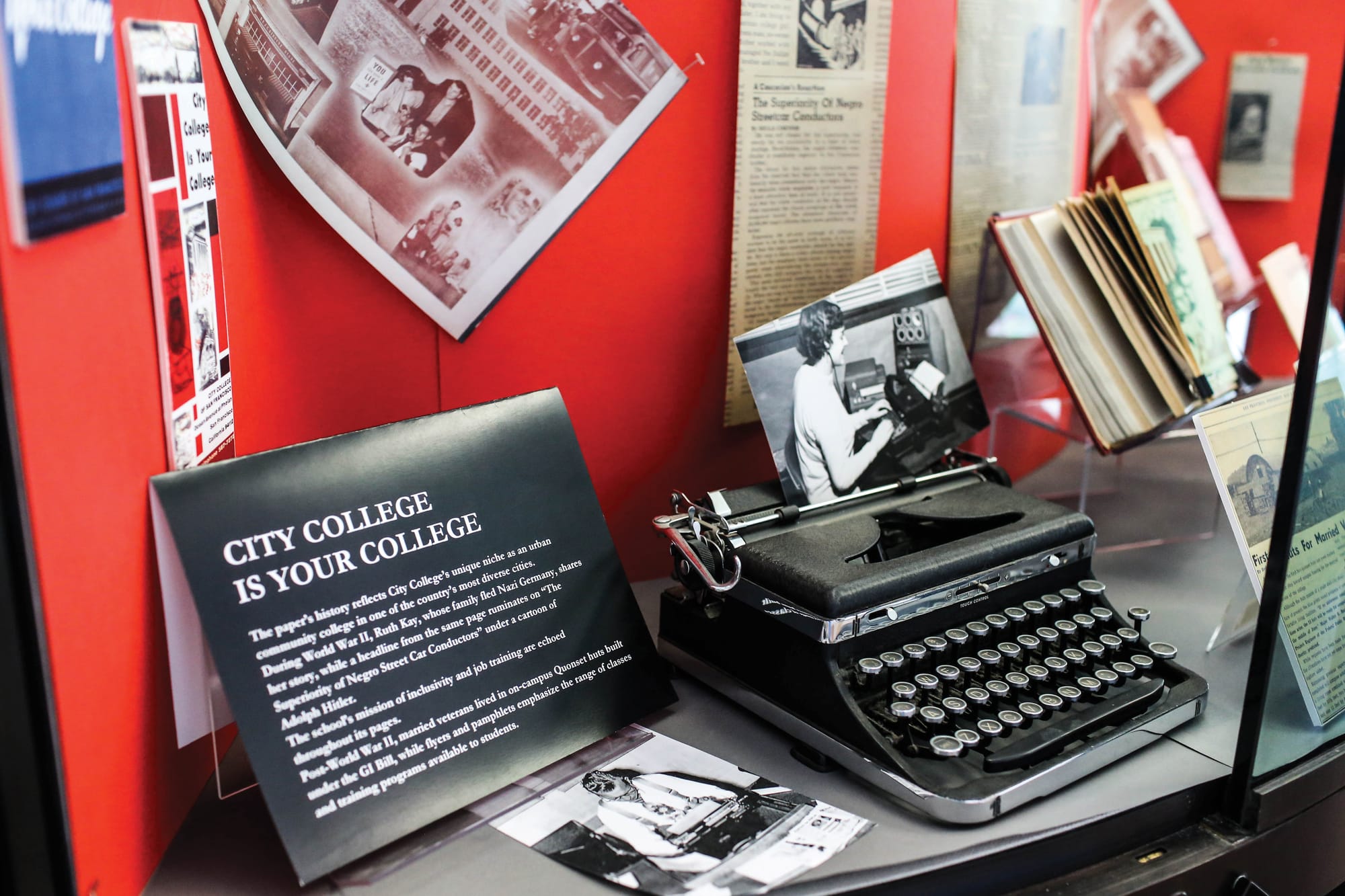 An exhibit celebrating 80 years of City College, curated by the CCSF Journalism Dept. and the CCSF Library Archives, is currently up on display in the City College Ocean Campus library, May 28, 2015. (Photo by Natasha Dangond/ TheGuardsman)