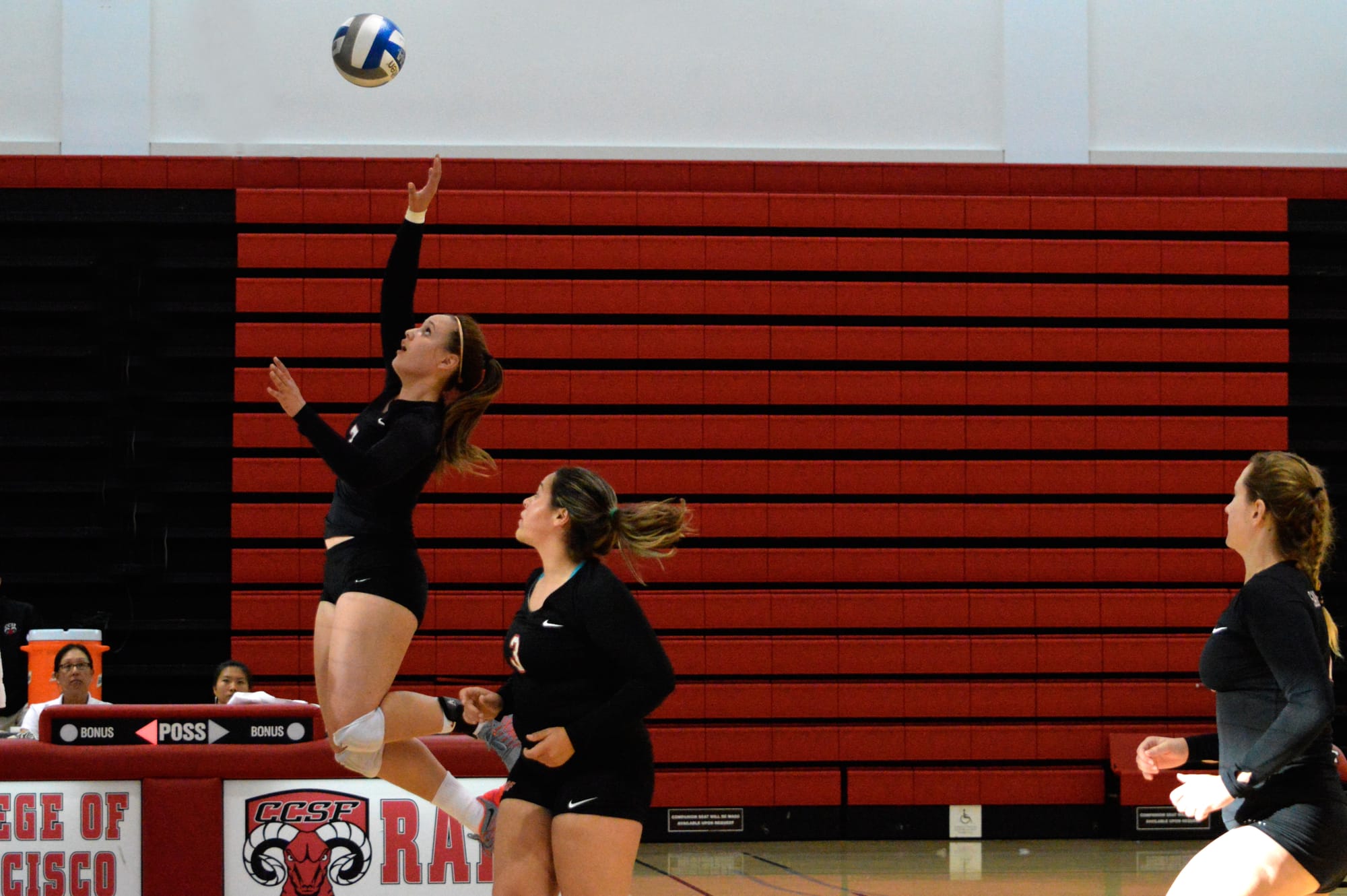 Sophomore opposite Sifa Faaiu (7) volleys against the Feather River Golden Eagles at Ocean Campus on Friday, Oct. 2, 2015. (Photo by Bridgid Skiba / The Guardsman)