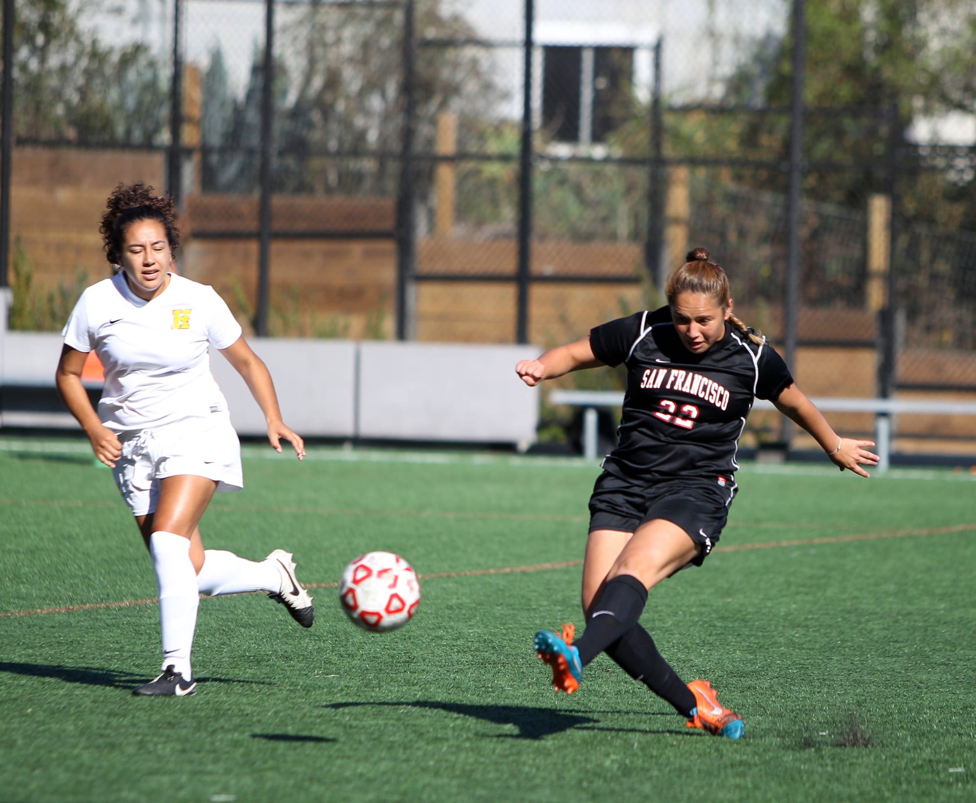 Raquel Herrera #22 . drives the ball during the game against the Hartnell College Panthers. The Rams go on to win the match 5-1 on Friday, Oct. 2, 2015 at City College on Ocean Campus. (Photo by Franchon Smith/The Guardsman)