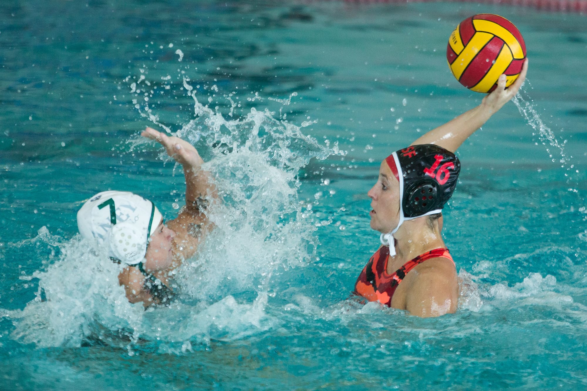 City College Natalie Taylor (16) tries to score during a Water Polo game against Laney College at City College pool on Ocean Campus, Oct. 14, (Photo by Khaled Sayed/ The Guardsman)