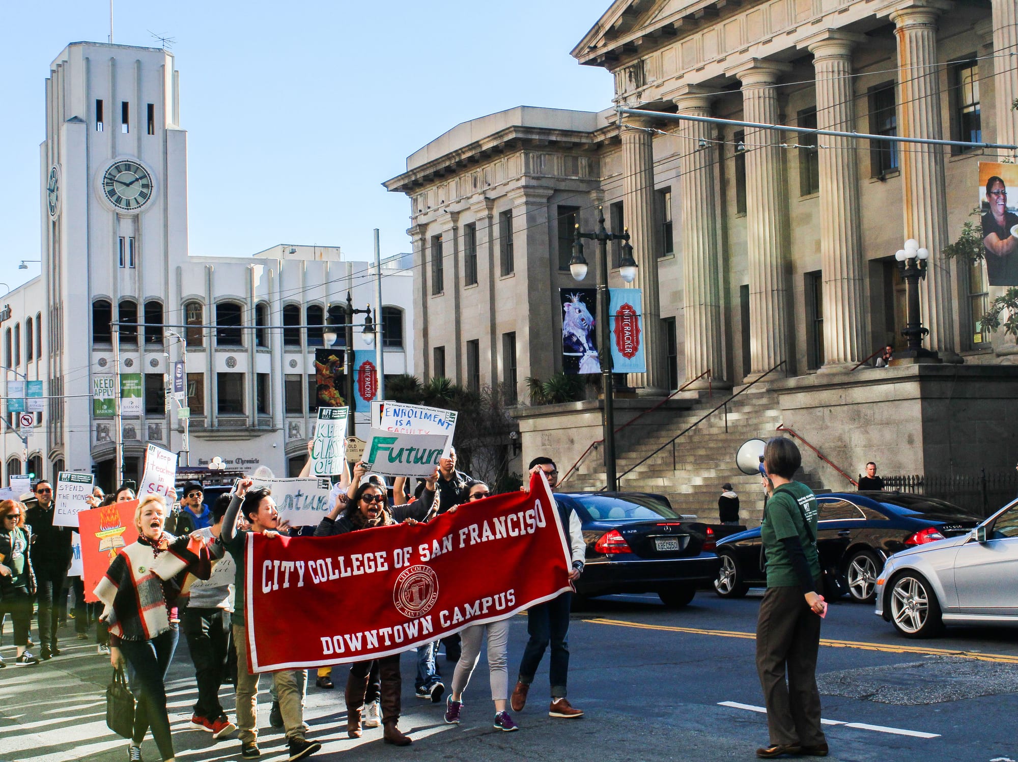 City College Students and faculty march up San Francisco’s Fifth Street towards Civic Center campus chanting for increased teacher salaries and against class reductions on Thursday Nov. 12, 2015. (Photo by Patrick Fitzgerald/The Guardsman)