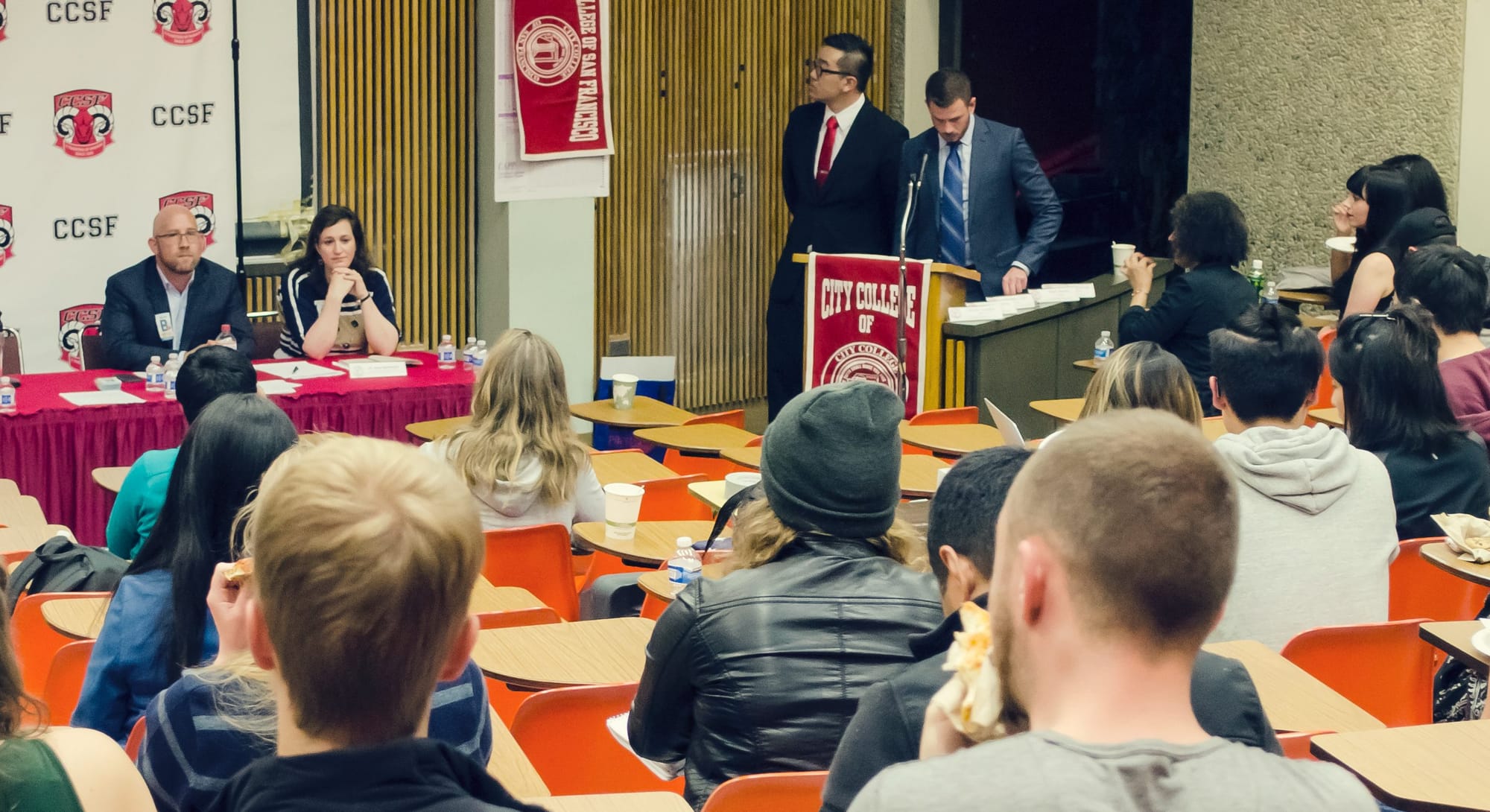 Rafael Mandelman and Amy Bacharach address public comment from faculty and students on Oct. 26 