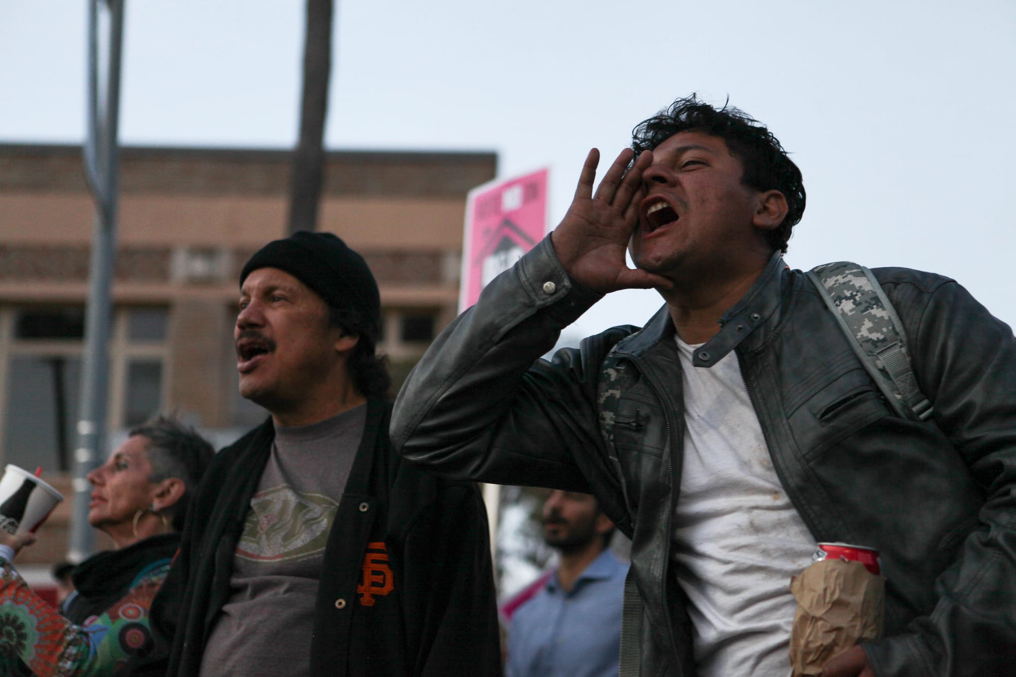 Crowd members shout against evictions and homeless displacement at 24th and Mission St. on Nov. 3, 2016. (Photo by Cassie Ordonio/The Guardsman)
