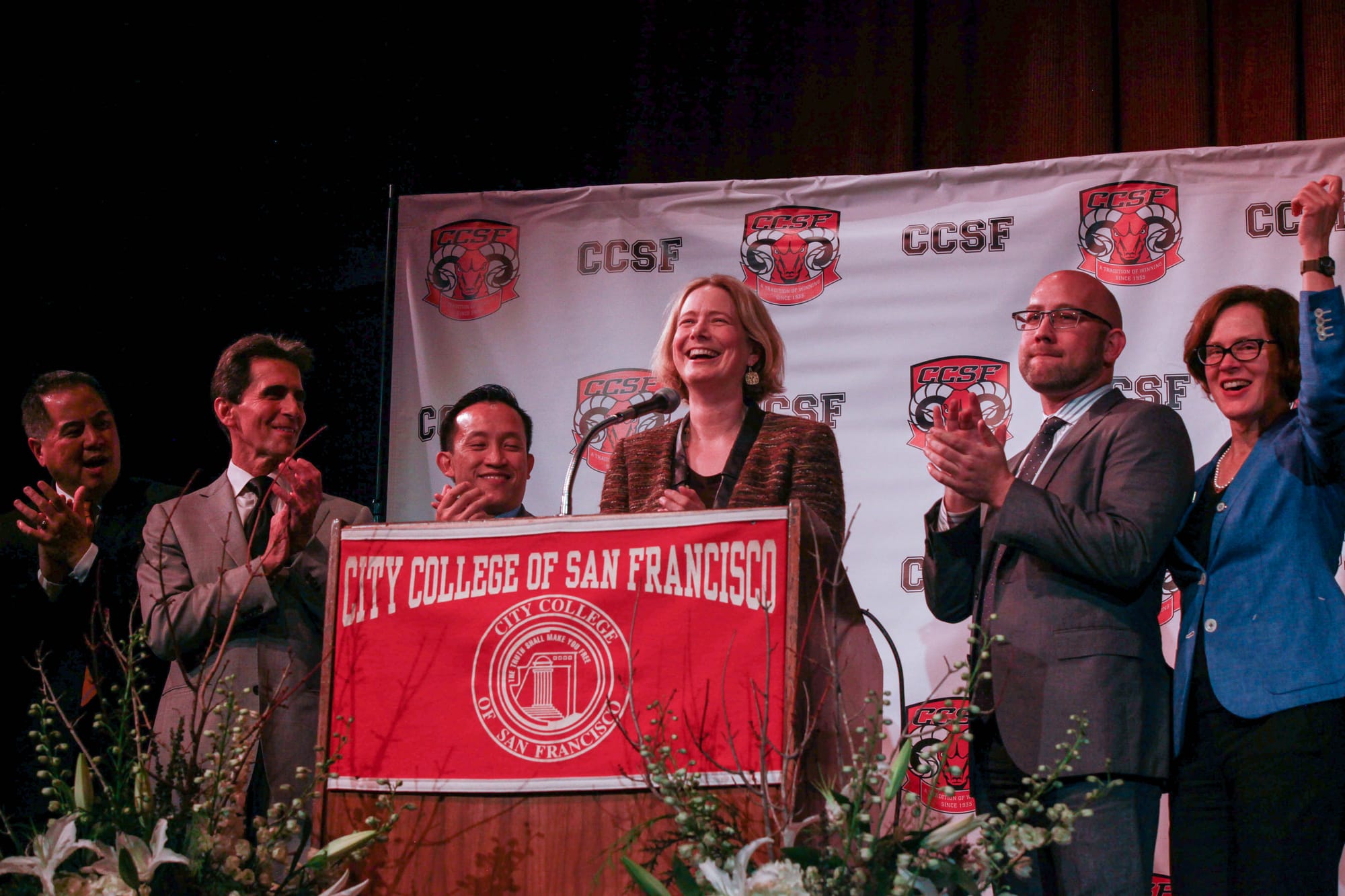 City College's Diego Rivera Theater erupts to a standing ovation on Jan 13, 2017 after Chancellor Lamb announced the college's reaffirmed accreditation. ( Photo by Cassie Ordonio/The Guardsman)