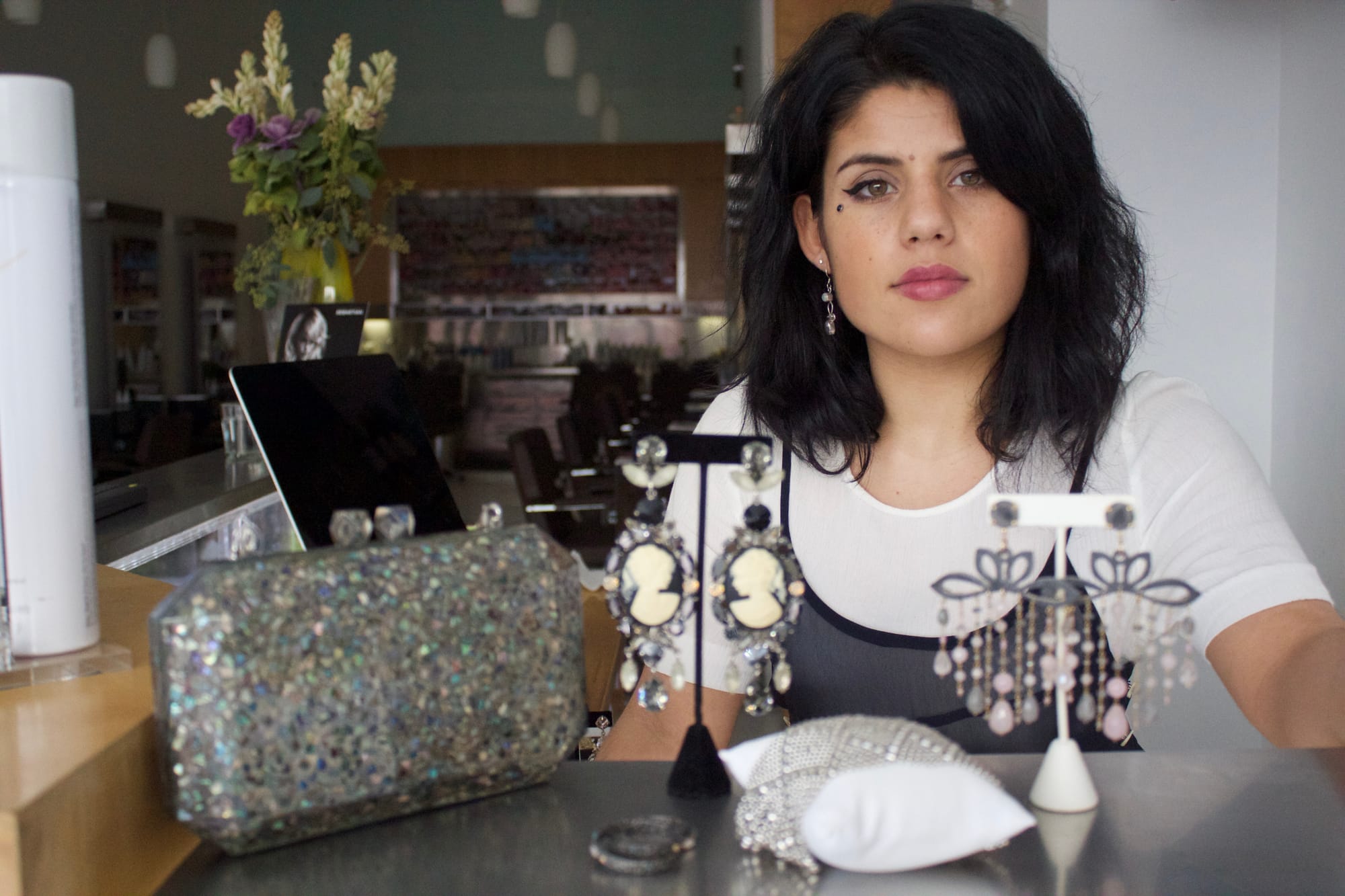 CCSF Fashion student, Sophia Marie, with jewelry and accessory pieces from Greece. Photo by Diana Chuong/ The Guardsman
