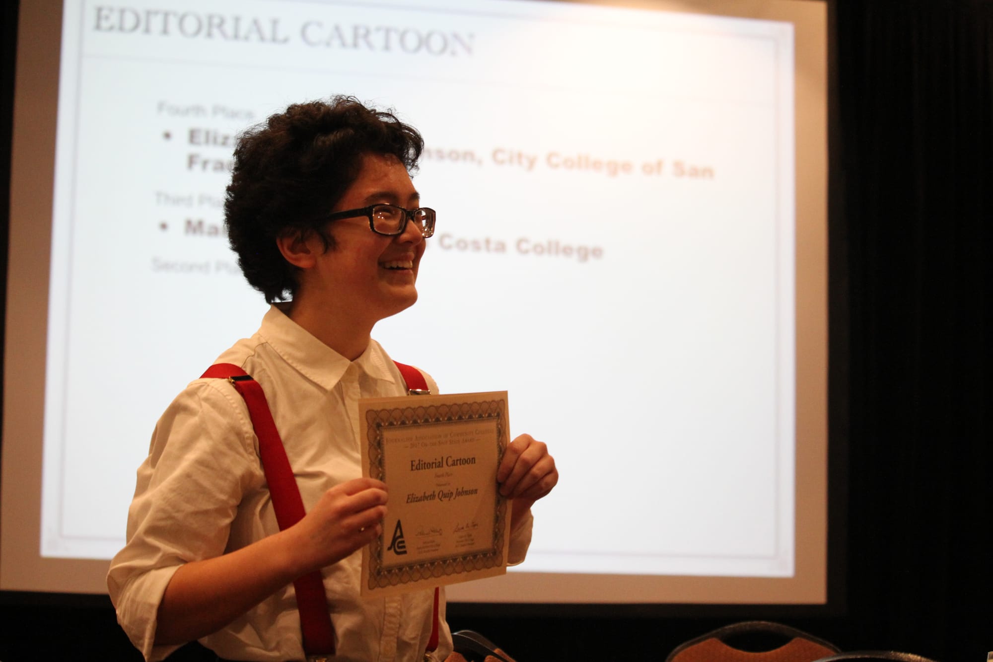 Elizabeth Quip Johnson, receiving her award for Feature writing. (Photo by Karen Sanchez)