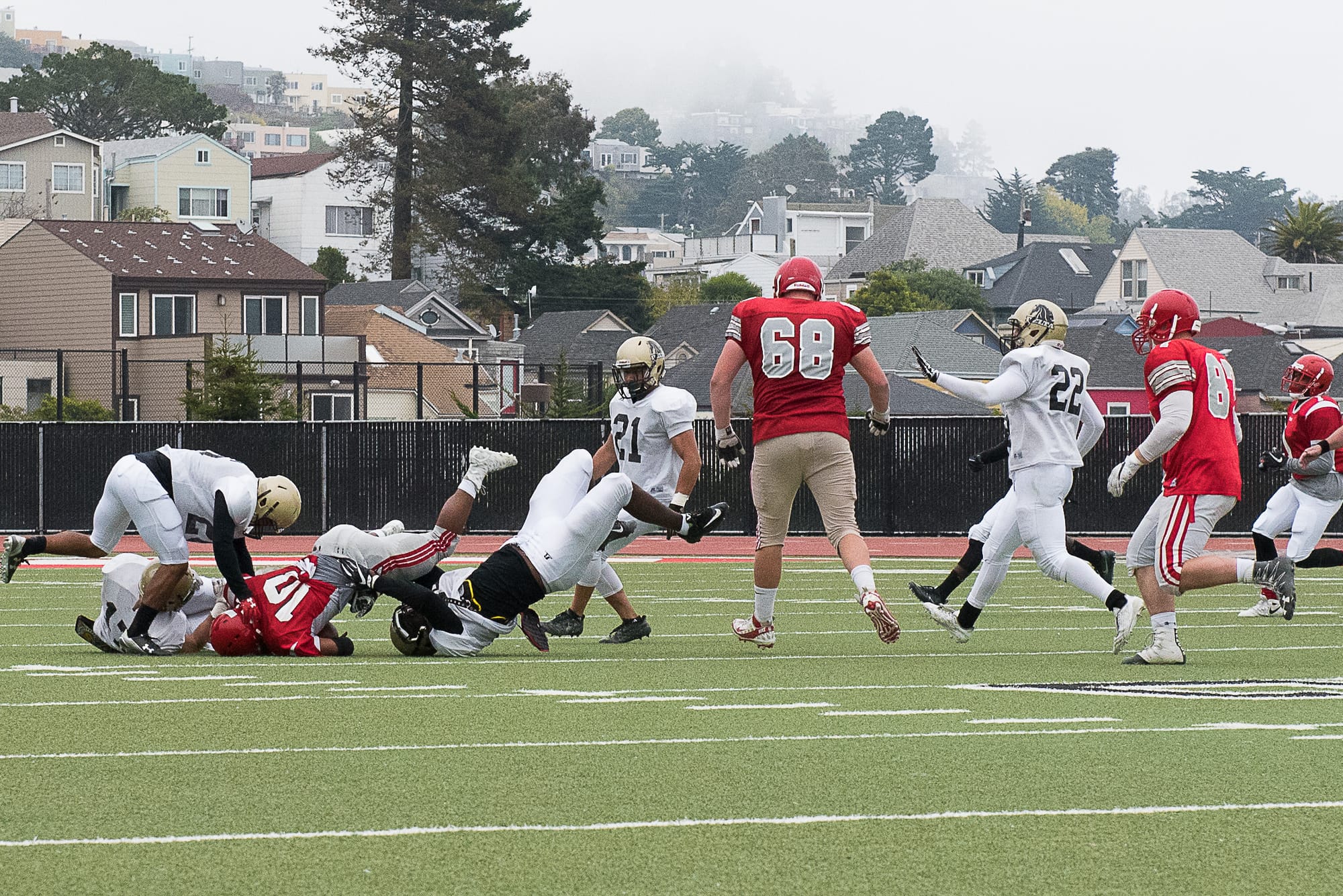 Rams number 10 tackled by Delta College Mustang. August 23rd 2017, photo by Otto Pippenger