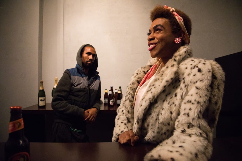 Pictured left to right: Maurice André San-Chez as Bradford/DeShawn and Charles Peoples III as Pink in "THE LEGEND OF PINK" by Kheven LaGrone. Directed by AeJay Mitchell. A Theatre Rhinoceros Production at The Gateway Theatre (formerly The Eureka Theatre.) Photo by David Wilson. 