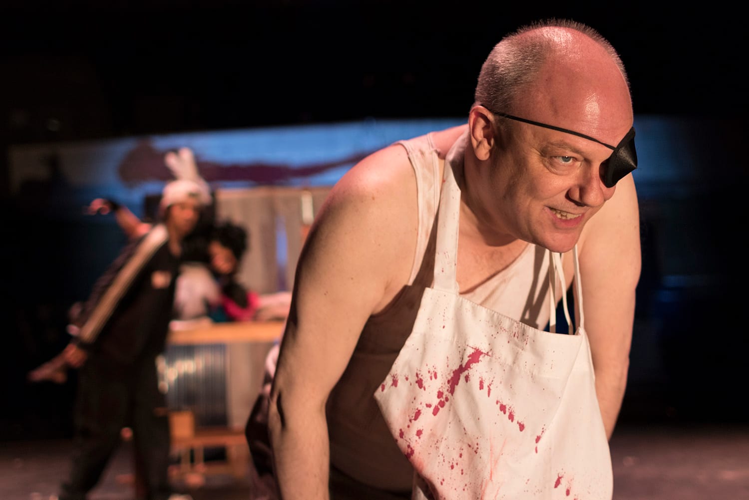  The unsuspecting butcher (Ted Speros) has other mischievous and unfortunate plans for Anon (Marco Lemus) in Naomi Iizuka’s Anon(ymous). October 12, 2017. (AP Photo/Cat Pimentel) 