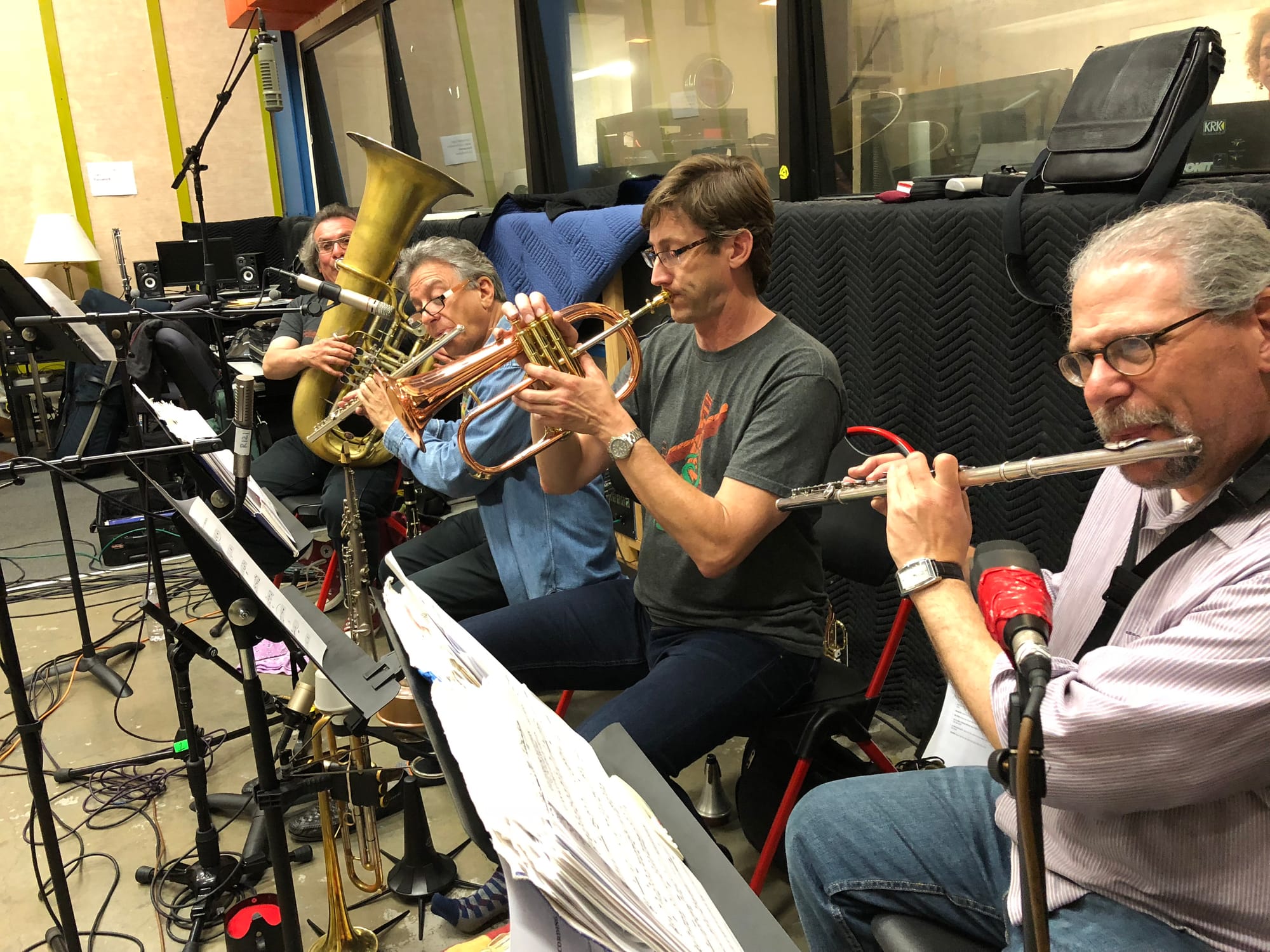 Horn and Wind Section. From farthest to nearest, Zachariah Spellman, Jeff Sanford, Eric Wayne, Hal Richards. Photo by Dana Jae Labrecque.