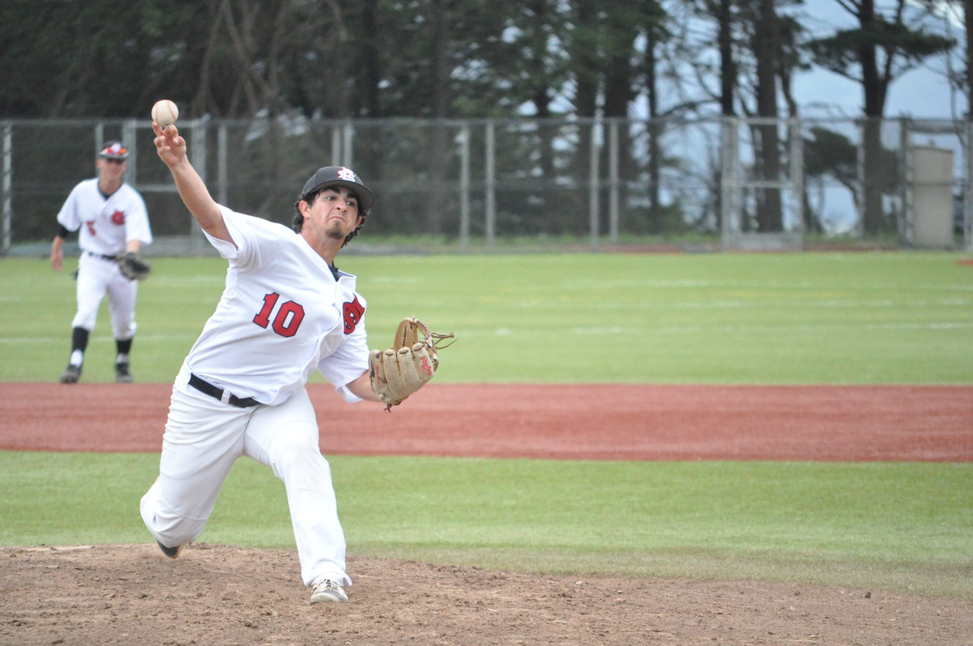 The Rams pitcher Jesse Stein delivers a pitch during April 5, 2018 games against De Anza College. Photo by Peter J. Suter/The Guardsman.