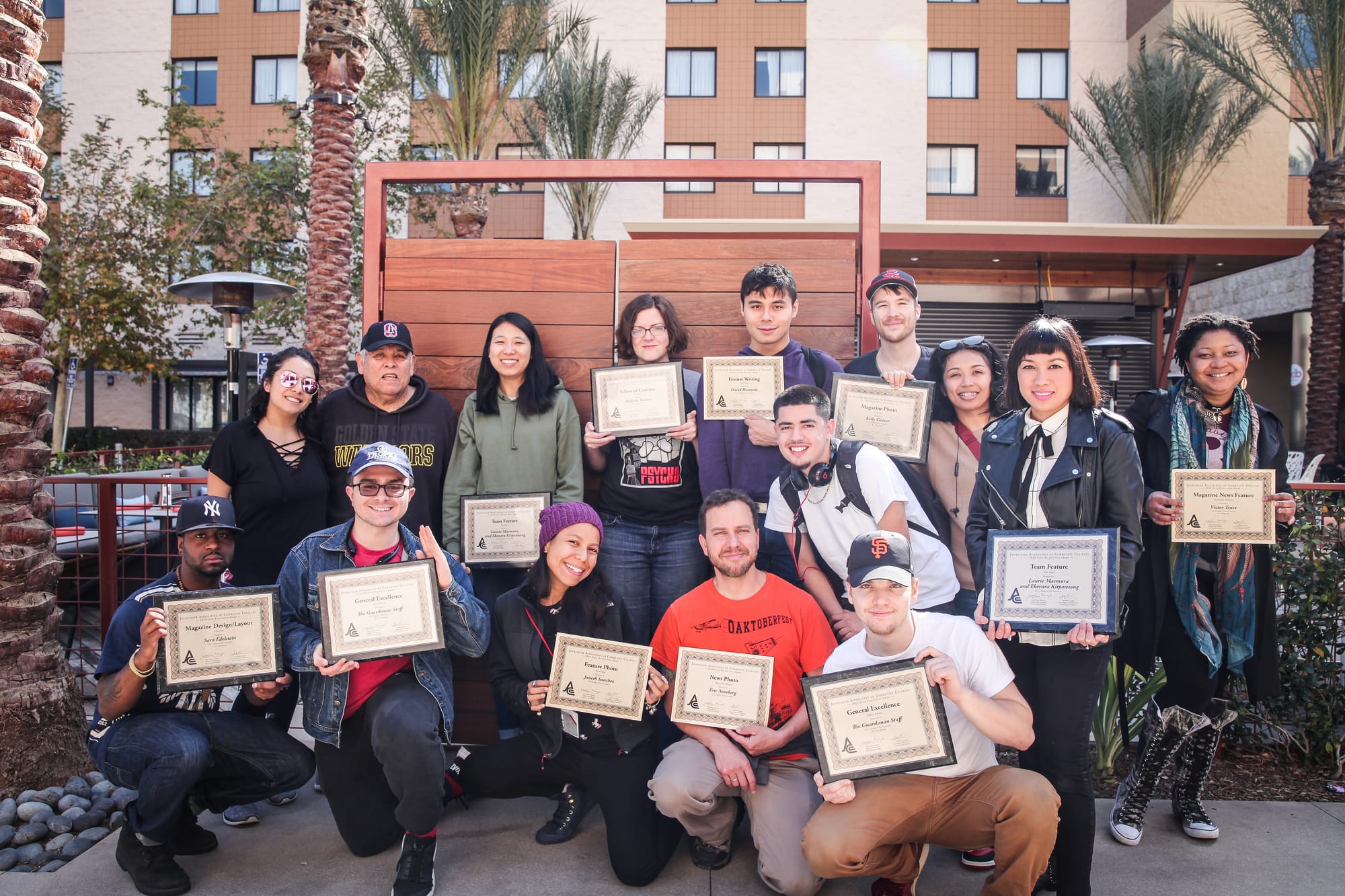 Journalism students from The Guardsman and Etc. Magazine pose for a group shot with awards they received from the JACC State Convention on Sunday, March 25, 2018 in front of Los Angeles Marriott Burbank Airport in Burbank, Calif.