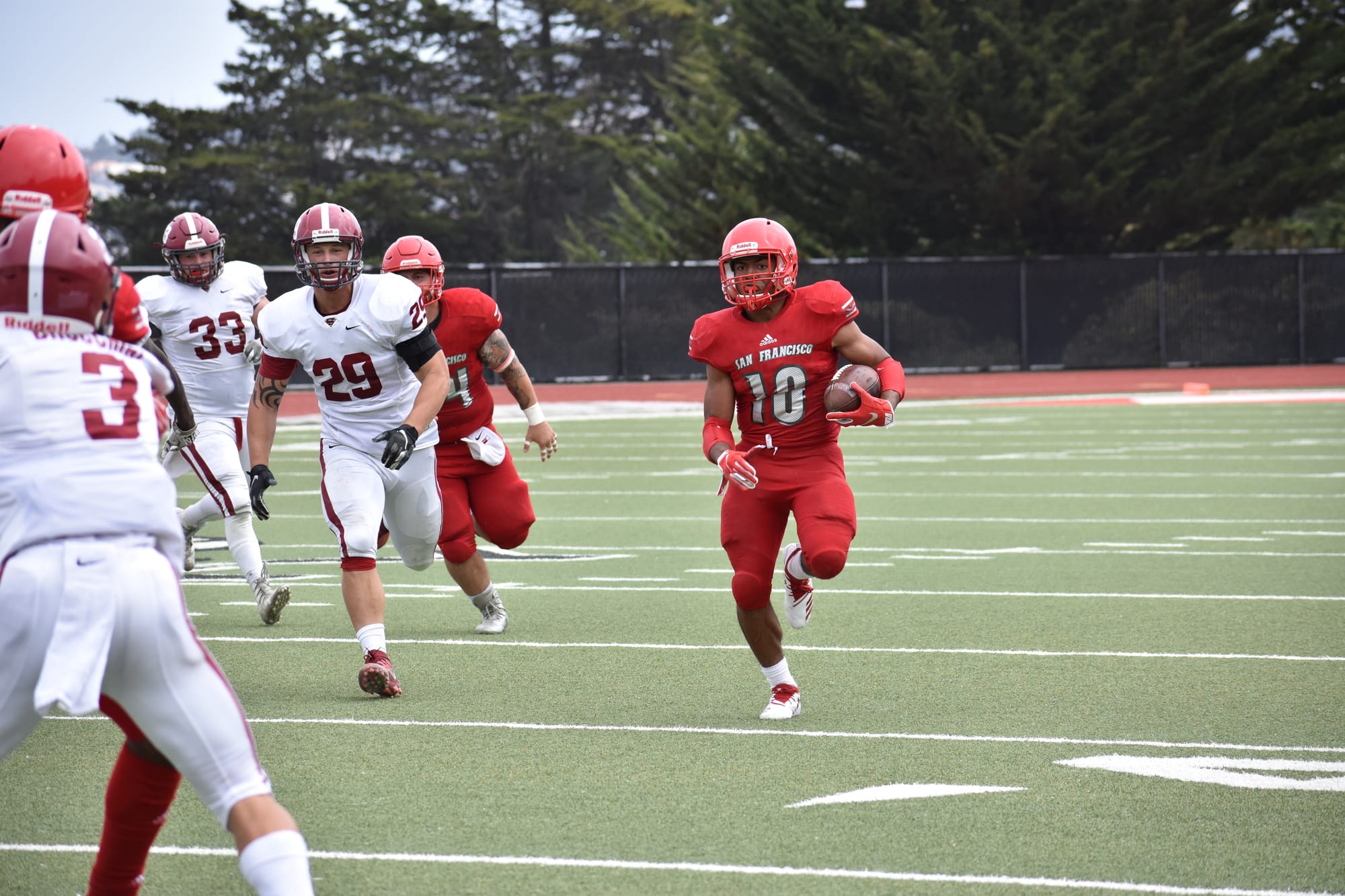 City College's DeShawn Collins (#10) rushed for a first down September 1, 2018 Photo by Veronica Steiner/ The Guardsman 