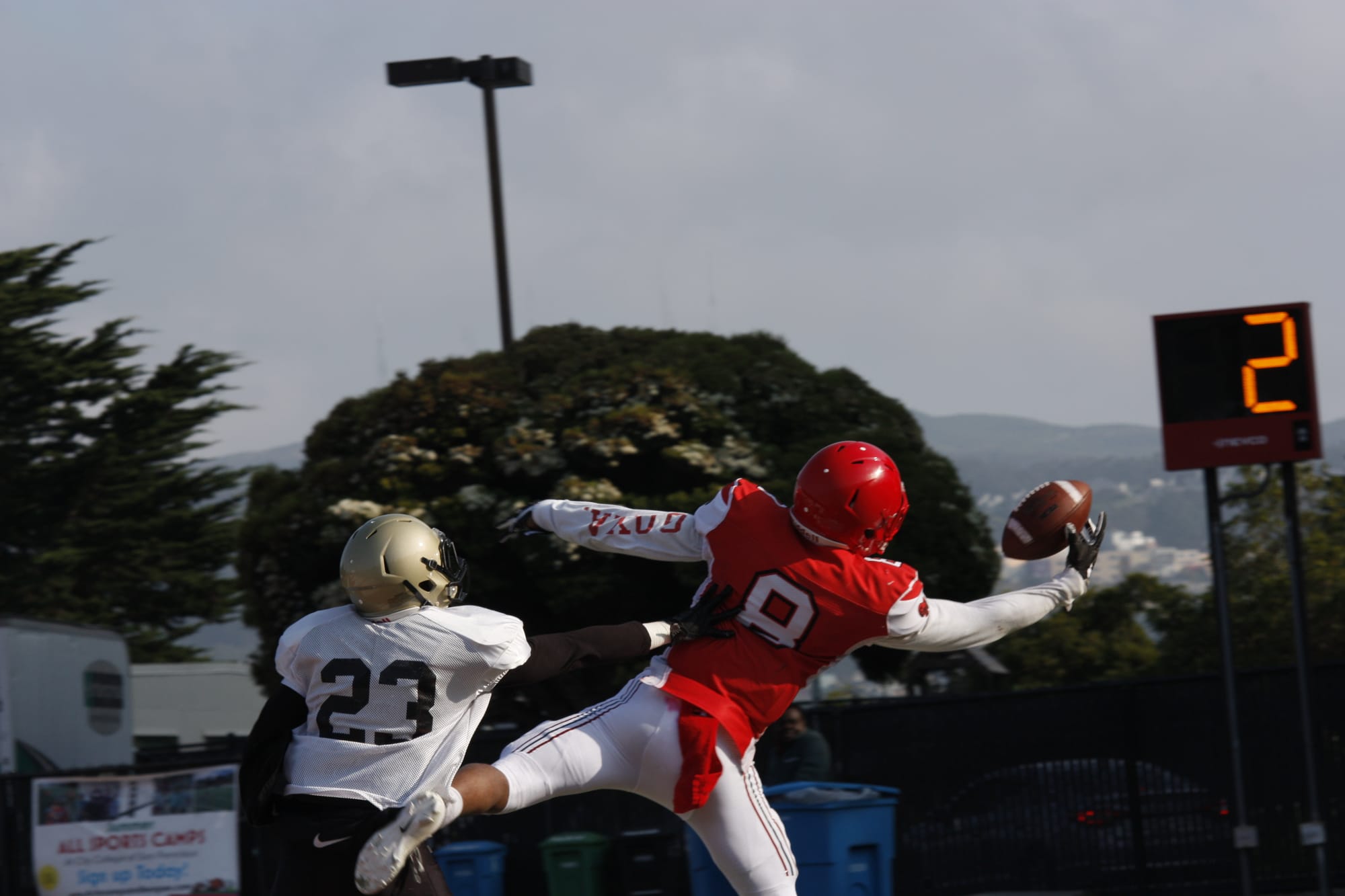 City College wide reciever freshman Christian Willis (#8) makes a one handed catch against San Juan Delta College on Wednesday August 22, 2018. Photo by Peter J. Suter/The Guardsman